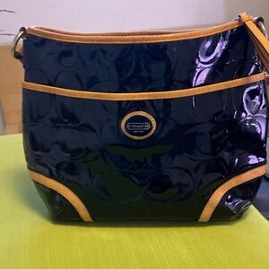 Coach Black Patent Shoulder or Crossbody Bag with Tan Trim